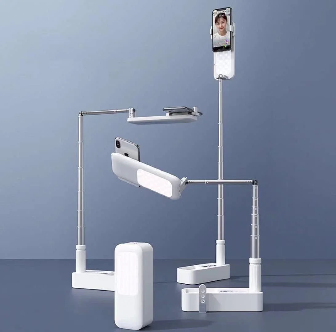 پایه سلفی قابل تمدید Aries LTD با چرخش 360 درجه به همراه نگهدارنده تلفن، چراغ LED تاشو بی سیم قابل شارژ با 7 سطح روشنایی برای پخش زنده/یوتیوب/تیک تاک/ضبط ویدیو/عکاسی/مطالعه