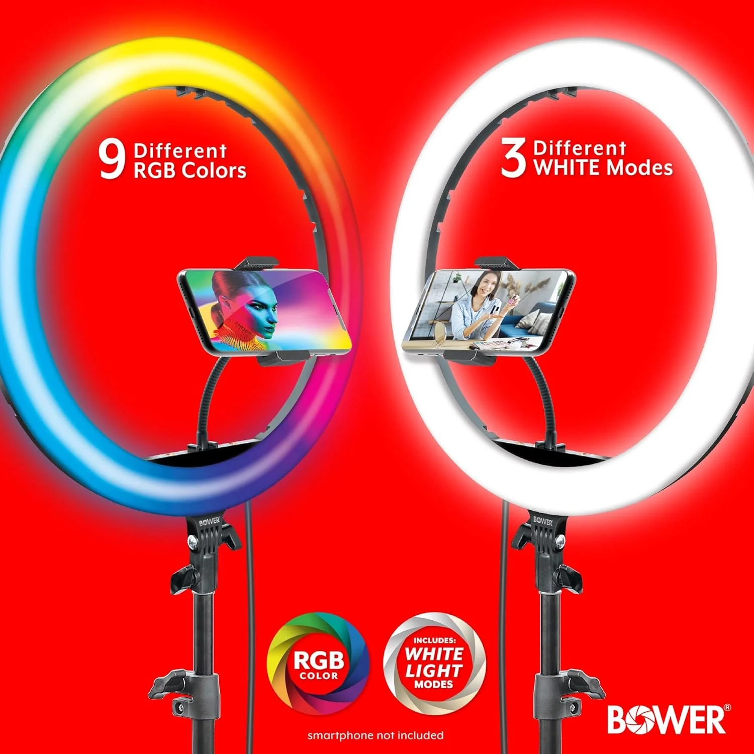 کیت نور حلقه ای سلفی RGB باور WA-RLSRGB16 با کنترل از راه دور بی سیم و سه پایه (16 اینچ)، مشکی