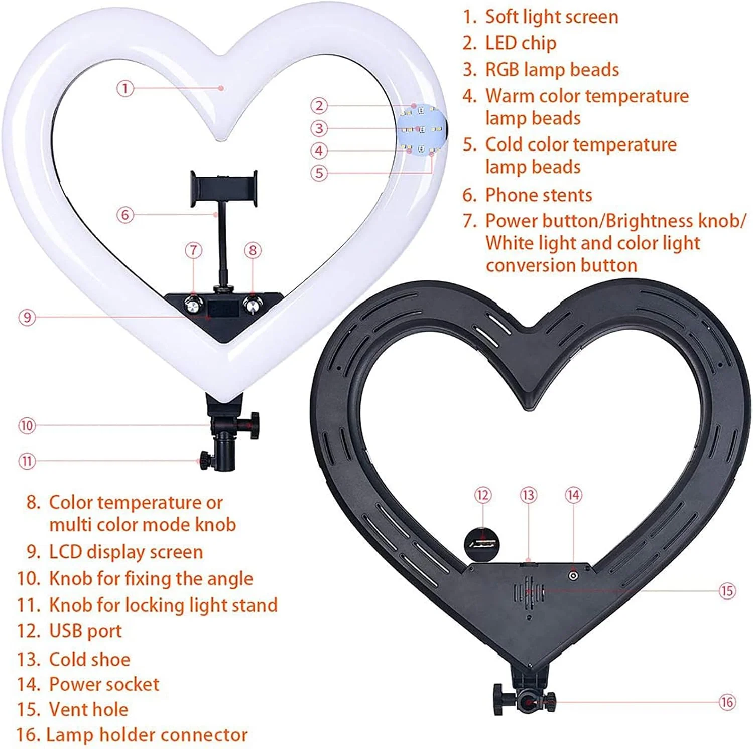 نور پرکننده RGB طرح قلب، پایه نگهدارنده موبایل برای پخش زنده، زاویه قابل تنظیم 360 درجه، سازگار با تقریبا تمام گوشی‌های هوشمند