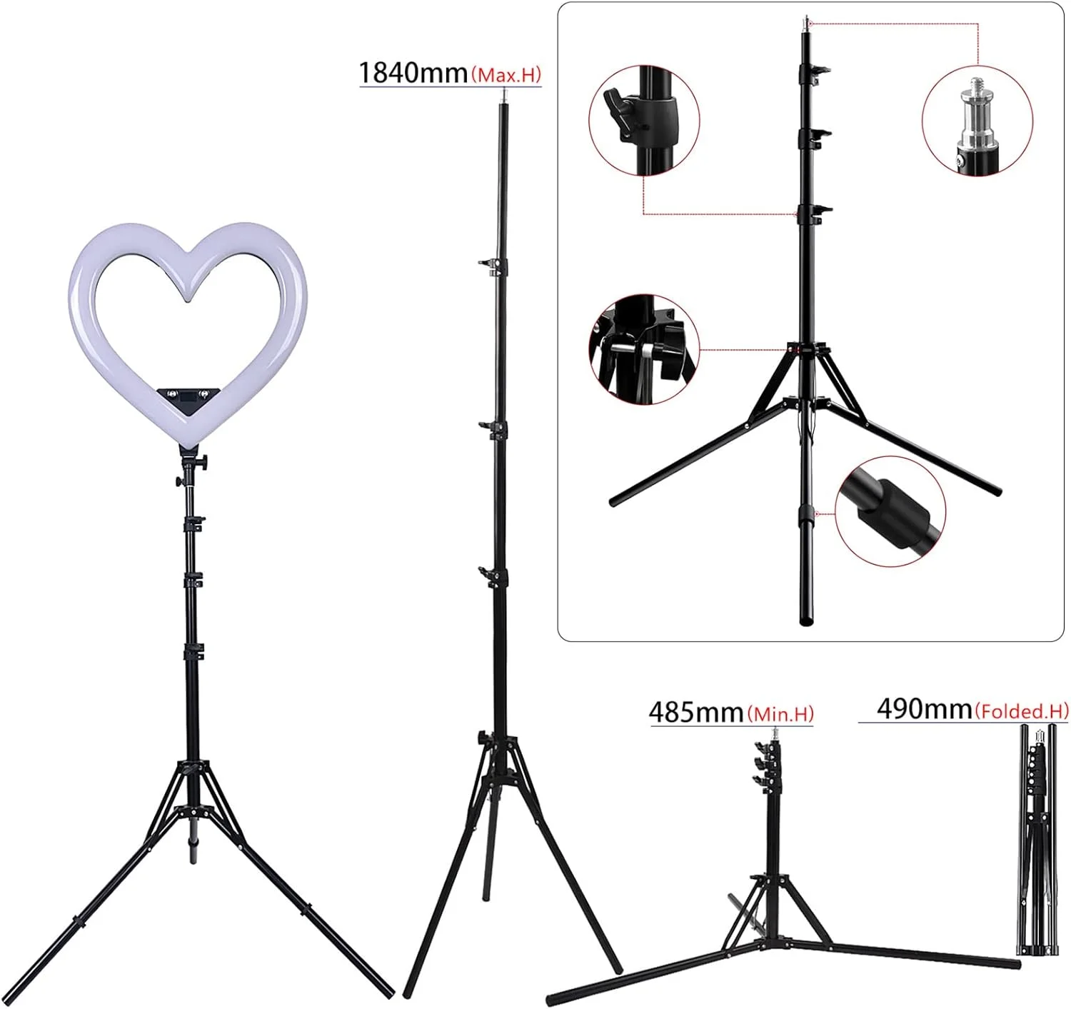 نور پرکننده RGB طرح قلب، پایه نگهدارنده موبایل برای پخش زنده، زاویه قابل تنظیم 360 درجه، سازگار با تقریبا تمام گوشی‌های هوشمند