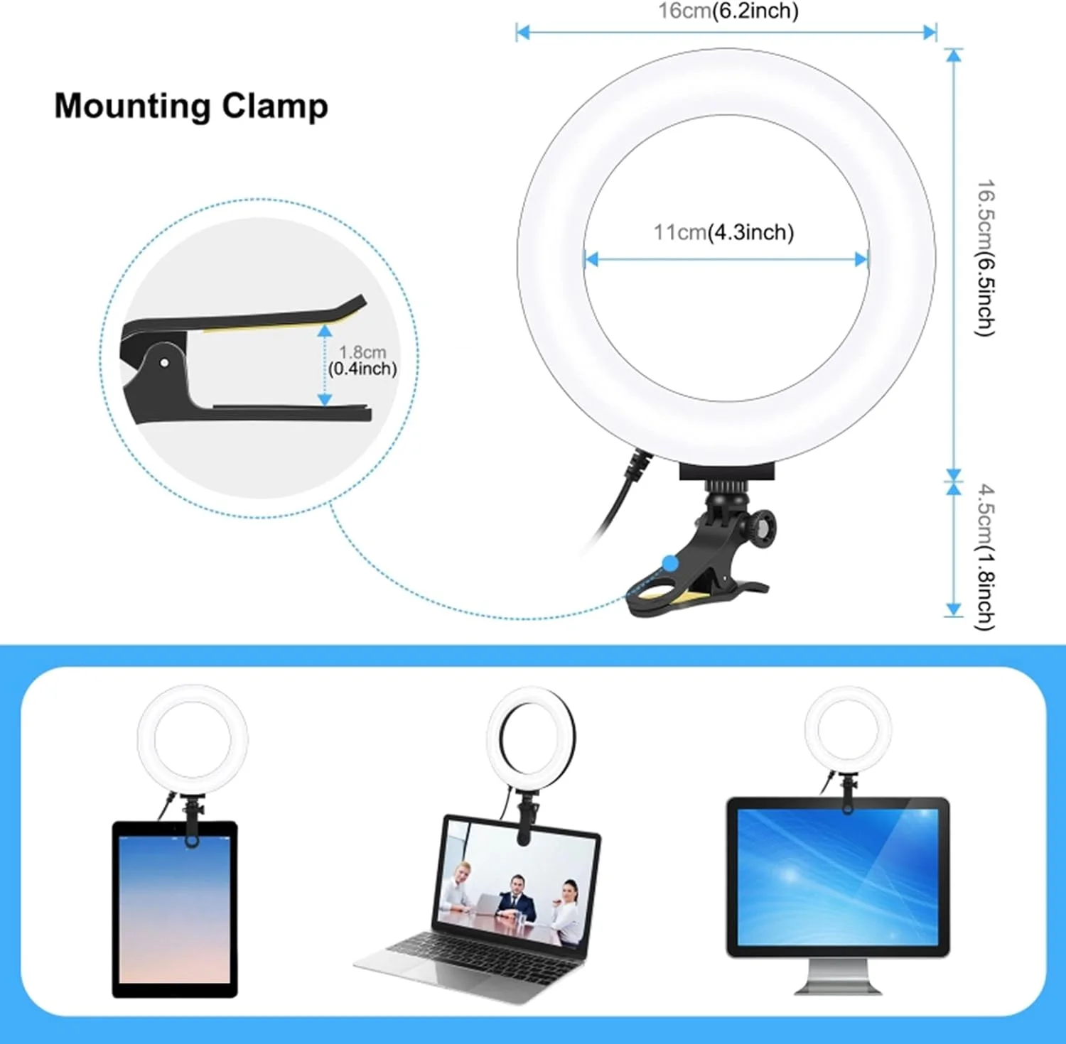 DFHJ نور حلقه ای USB با قطر 16 سانتی متر، دمای رنگ 3200-5600K، 10 سطح روشنایی با گیره نصب برای نور تکمیلی ویدیو زنده لپ تاپ