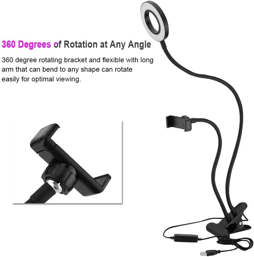 نور حلقه ای سلفی قابل حمل 360 درجه با بازوی بلند و نگهدارنده رومیزی LED به همراه نگهدارنده تلفن همراه برای پخش زنده/آرایش/فیلم های یوتیوب/عکاسی