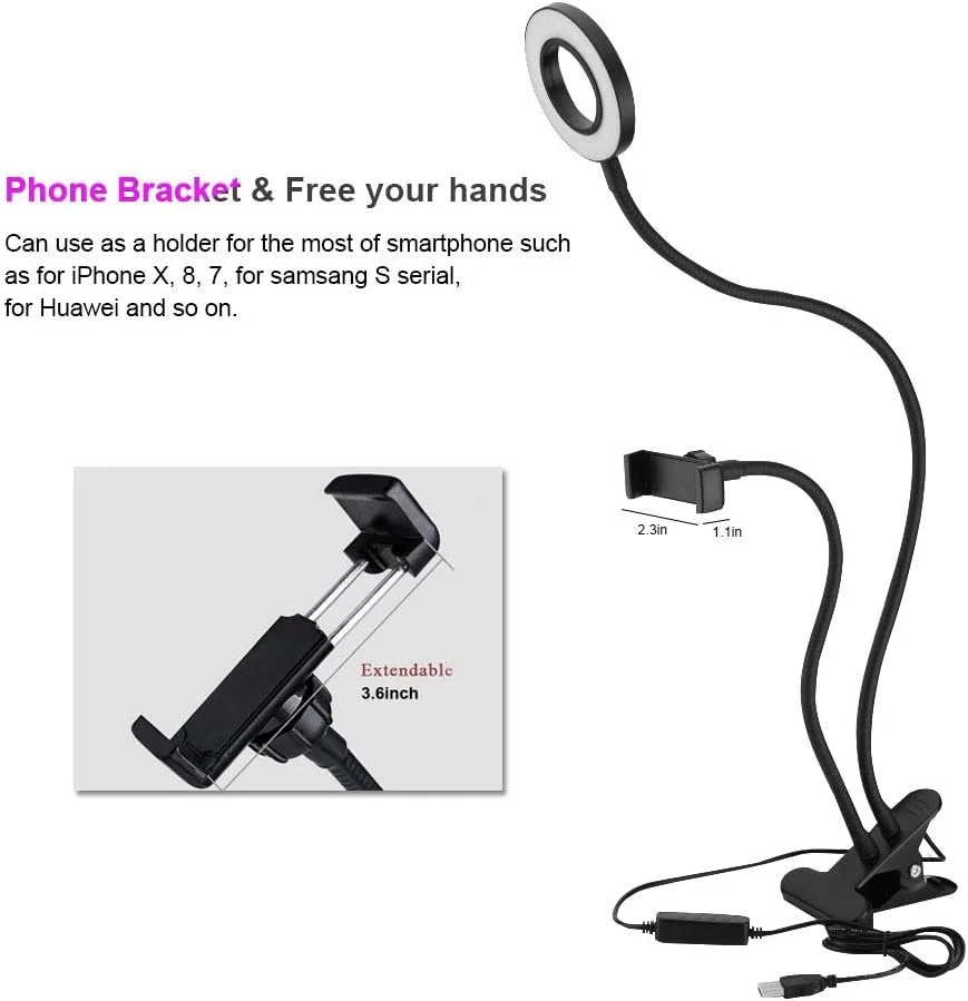 نور حلقه ای سلفی قابل حمل 360 درجه با بازوی بلند و نگهدارنده رومیزی LED به همراه نگهدارنده تلفن همراه برای پخش زنده/آرایش/فیلم های یوتیوب/عکاسی