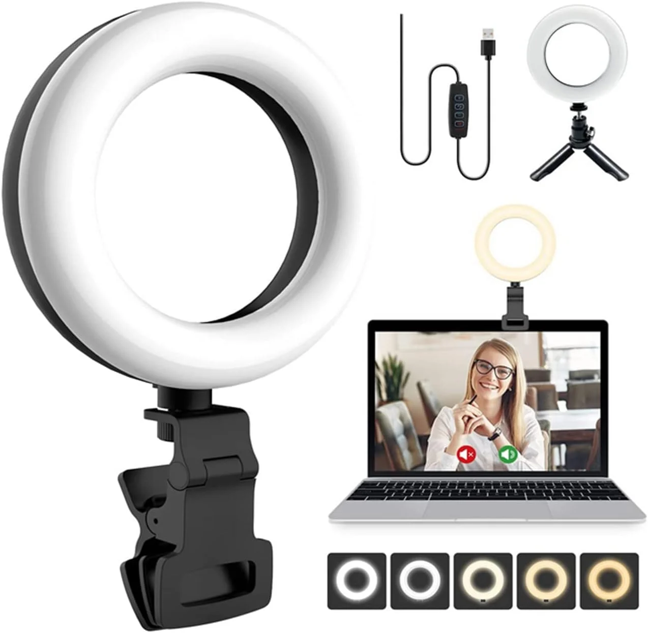 گیره سلفی LED پنج اینچی SKEIDO و سه پایه با قابلیت تنظیم نور، دارای 5 حالت نور و 10 سطح روشنایی برای لپ تاپ، آرایش، پخش زنده، کار از راه دور و کنفرانس ویدیویی مدل F-601A