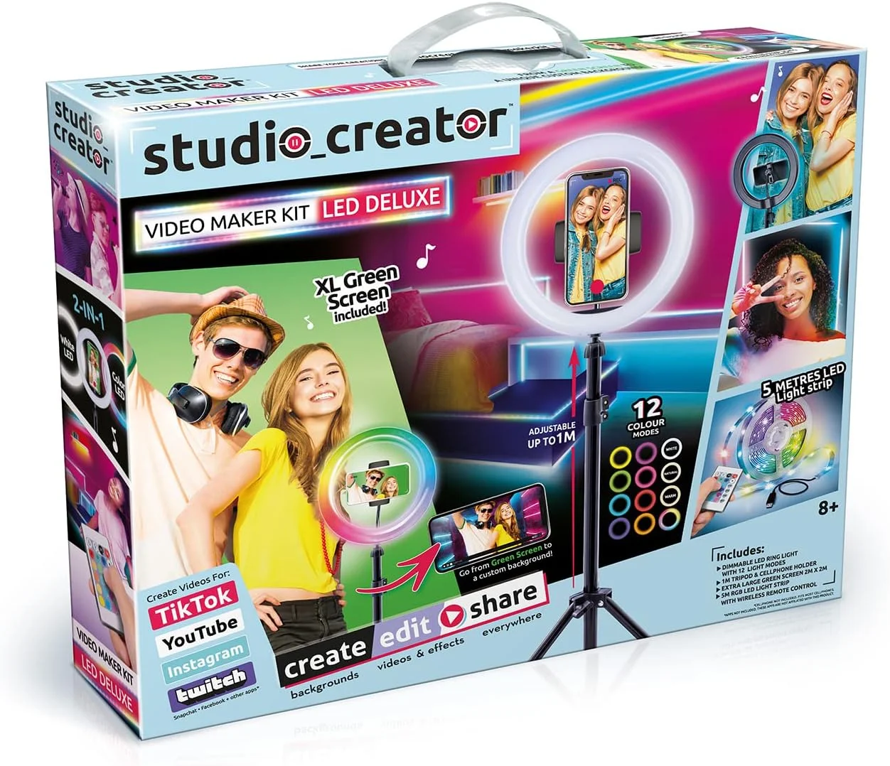 کیت نورپردازی استودیو کریتور ویدیو میکر LED Deluxe، نوار نور LED 5 متری، رینگ لایت LED + سه پایه، پرده سبز XL، مناسب برای TikTok/Youtube/اینفلوئنسرها. برای سنین 8 سال به بالا کیت نورپردازی استودیو کریتور ویدیو میکر LED Deluxe، نوار نور LED 5 متری، رینگ لایت LED + سه پایه، پرده سبز XL، مناسب برای TikTok/Youtube/اینفلوئنسرها. برای سنین 8 سال به بالا