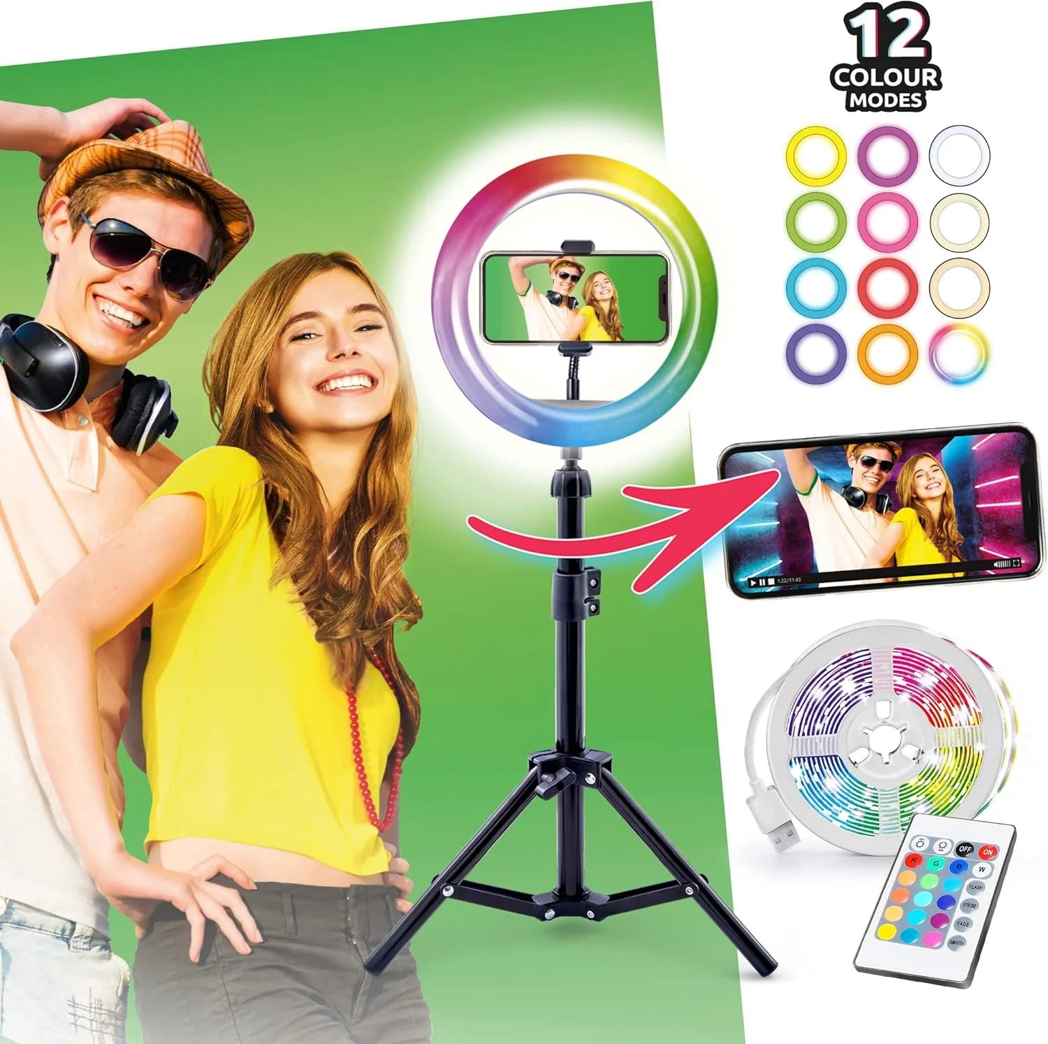 کیت نورپردازی استودیو کریتور ویدیو میکر LED Deluxe، نوار نور LED 5 متری، رینگ لایت LED + سه پایه، پرده سبز XL، مناسب برای TikTok/Youtube/اینفلوئنسرها. برای سنین 8 سال به بالا