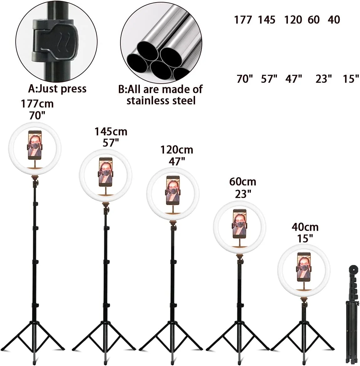 حلقه نور هاتو با پایه سه پایه قابل افزایش، چراغ های دایره ای سلفی LED با قابلیت تنظیم نور با نگهدارنده تلفن مناسب برای TikTok/عکاسی/ویدیوهای YouTube/پخش زنده/آرایش، سازگار با تلفن های iOS و Android (12 اینچ)
