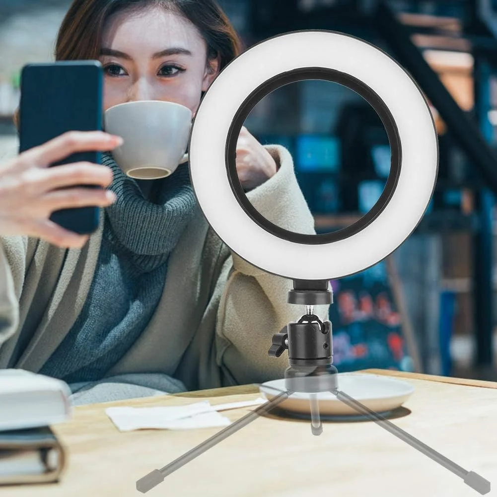 حلقه نور ال ای دی 6 اینچی، حلقه نور قابل تنظیم، 3 حالت رنگ و 10 روشنایی، تغذیه از طریق USB، برای آرایش، تولید ویدیو زنده، نور ویدیویی سلفی