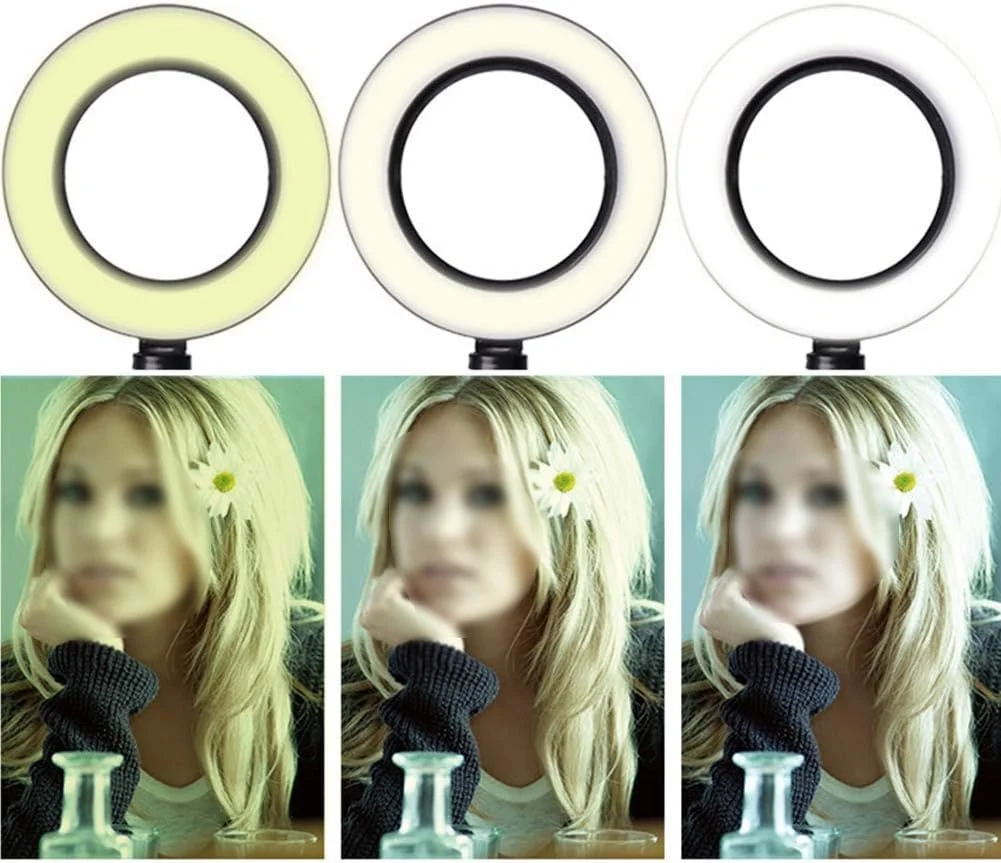 حلقه نور ال ای دی 6 اینچی، حلقه نور قابل تنظیم، 3 حالت رنگ و 10 روشنایی، تغذیه از طریق USB، برای آرایش، تولید ویدیو زنده، نور ویدیویی سلفی