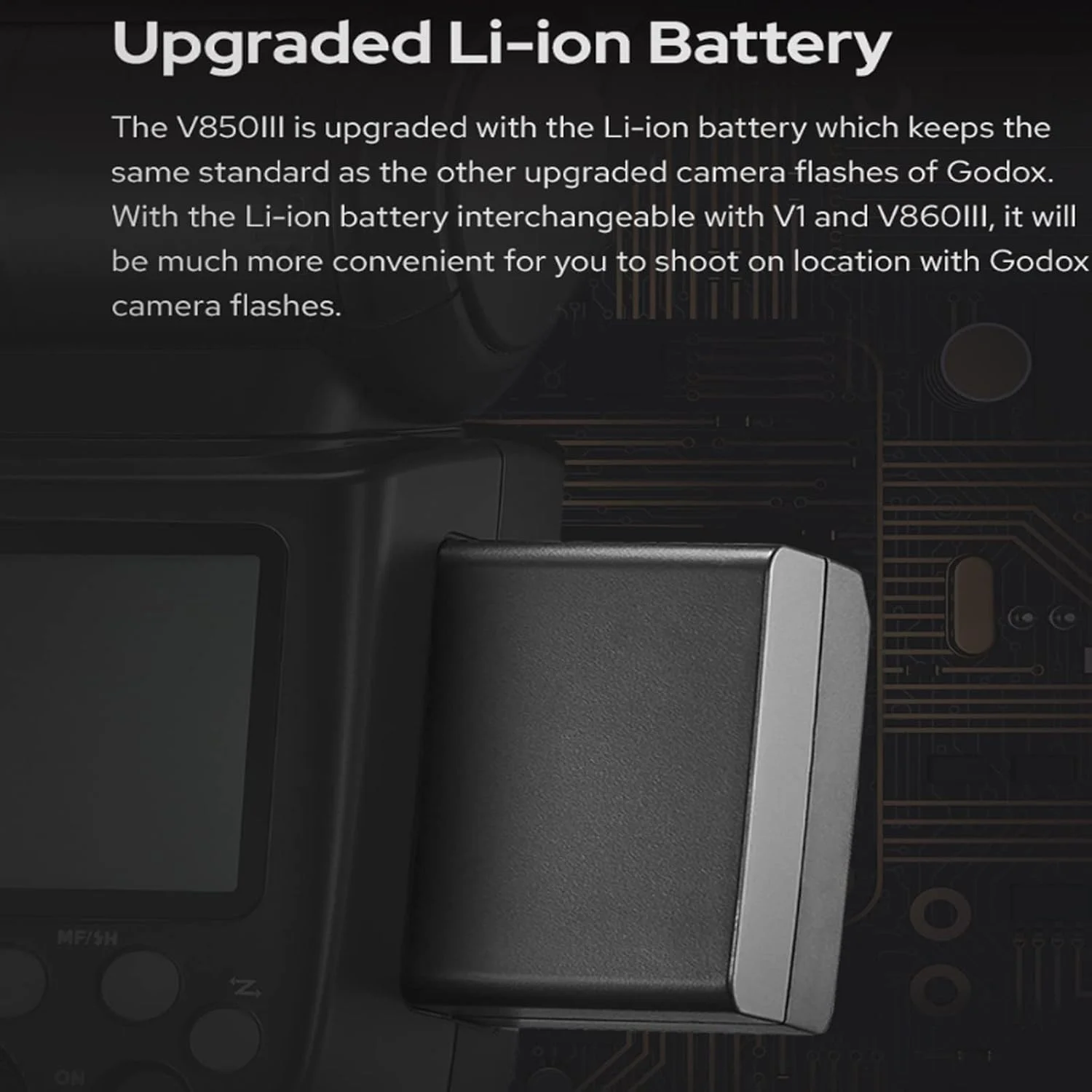 فلاش دوربین گودکس V850III با باتری 7.2 ولت/2600 میلی آمپر ساعت، HSS 1/8000، زمان بازیافت 1.5 ثانیه، 450 پاپ با قدرت کامل برای دوربین های DSLR با هات شو استاندارد برای کانن، نیکون، سونی، فوجی، پاناسونیک، المپوس (بدون TTL)