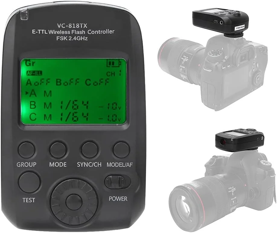 فلاش E-TTL مدل VC-818TX، فرستنده 2.4G حداکثر پشتیبانی از همگام سازی با سرعت بالا 1/8000 ثانیه، پشتیبانی از 8 کانال 30ID، برای دوربین کانن