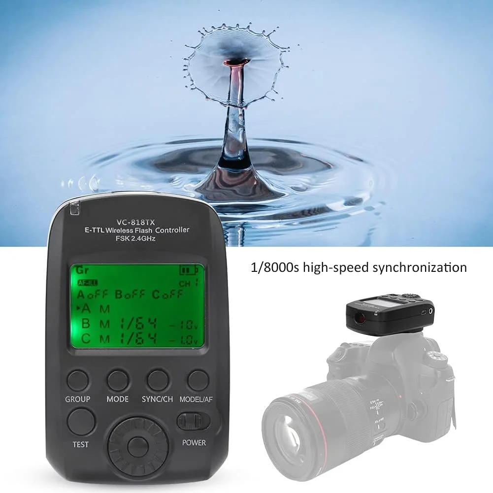 فلاش E-TTL مدل VC-818TX، فرستنده 2.4G حداکثر پشتیبانی از همگام سازی با سرعت بالا 1/8000 ثانیه، پشتیبانی از 8 کانال 30ID، برای دوربین کانن