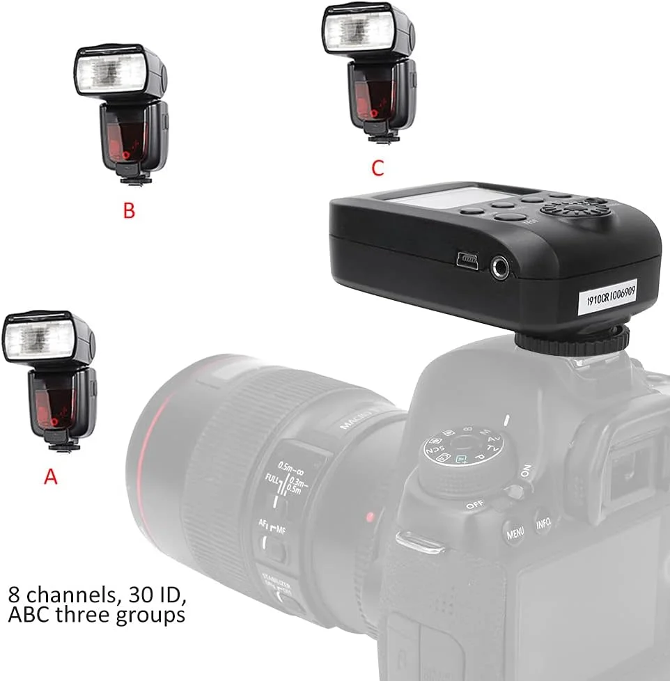 فلاش E-TTL مدل VC-818TX، فرستنده 2.4G حداکثر پشتیبانی از همگام سازی با سرعت بالا 1/8000 ثانیه، پشتیبانی از 8 کانال 30ID، برای دوربین کانن