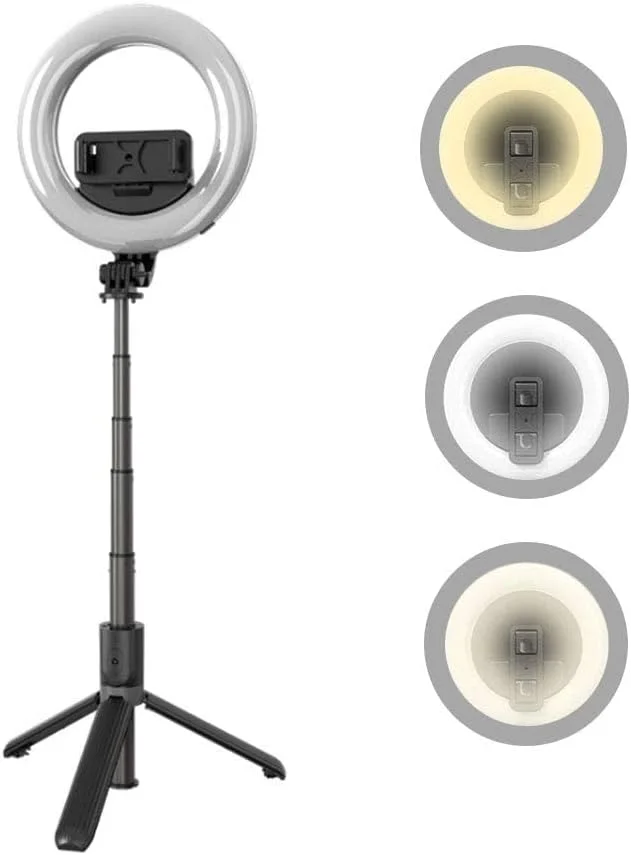 حلقه نور سلفی با پایه سه پایه برای پخش زنده، استیک سلفی بلوتوث بی سیم با نور، نگهدارنده تلفن همراه قابل افزایش، سازگار با آیفون/اندروید