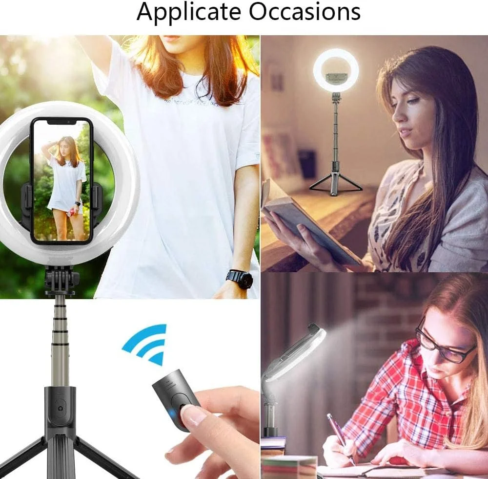 حلقه نور سلفی با پایه سه پایه برای پخش زنده، استیک سلفی بلوتوث بی سیم با نور، نگهدارنده تلفن همراه قابل افزایش، سازگار با آیفون/اندروید