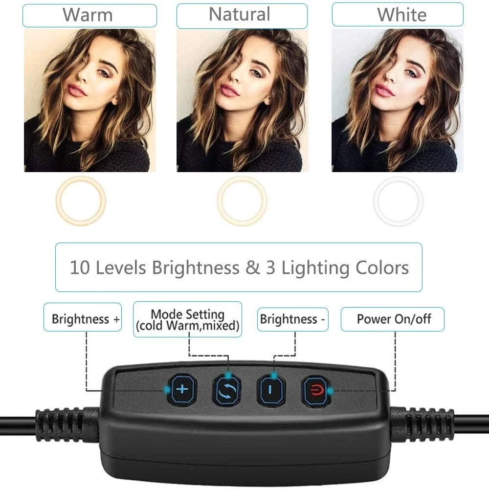 نور حلقه ای سلفی قابل حمل با آینه و نگهدارنده تلفن، نور حلقه ای آرایشی ال ای دی 6.5 اینچی با قابلیت تنظیم نور، 3 حالت رنگی و 10 روشنایی برای پخش زنده/عکاسی/فیلمبرداری (مشکی)