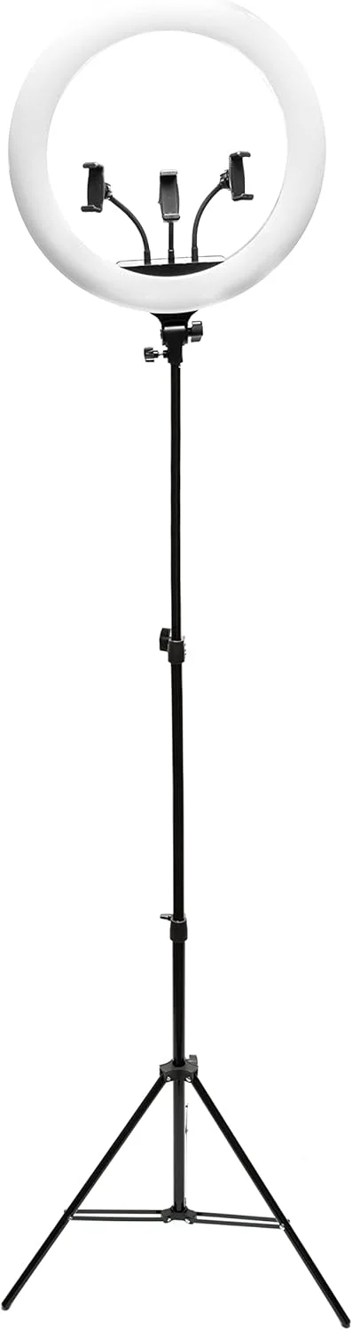 چراغ حلقه ای LED ریو مناسب آرایش حرفه ای و ولاگینگ، 18 اینچ (45 سانتی متر) با قابلیت تنظیم نور و سه پایه قابل تنظیم