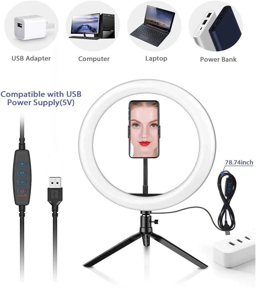 حلقه نور سلفی LED با 3 رنگ نور به همراه سه پایه برای دختران