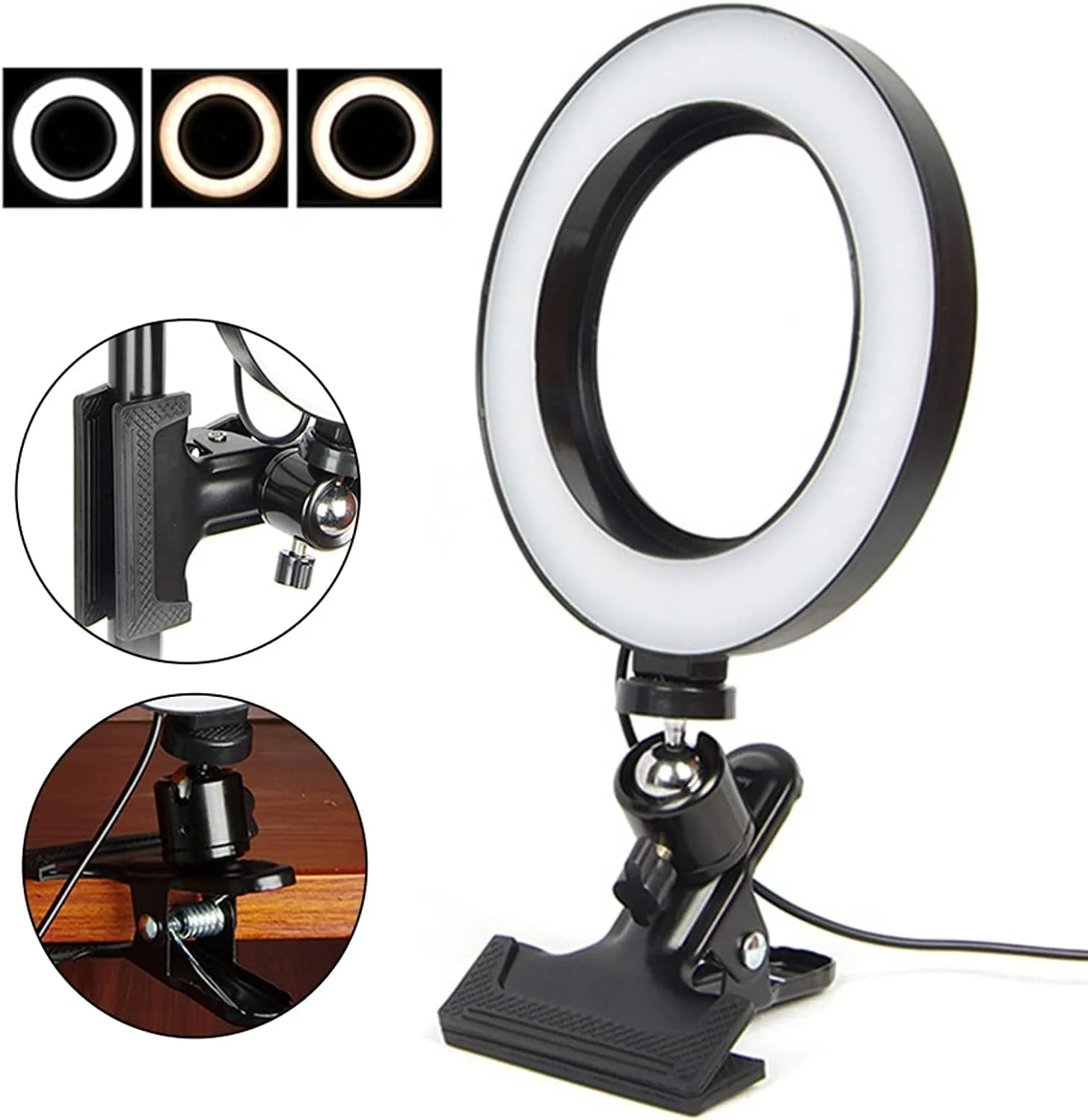 حلقه نور ال ای دی eWINNER با گیره فنری و 3 حالت نور برای ویدیوهای یوتیوب/آرایش/پخش کامپیوتر (15 سانتی متر، مشکی روشن)