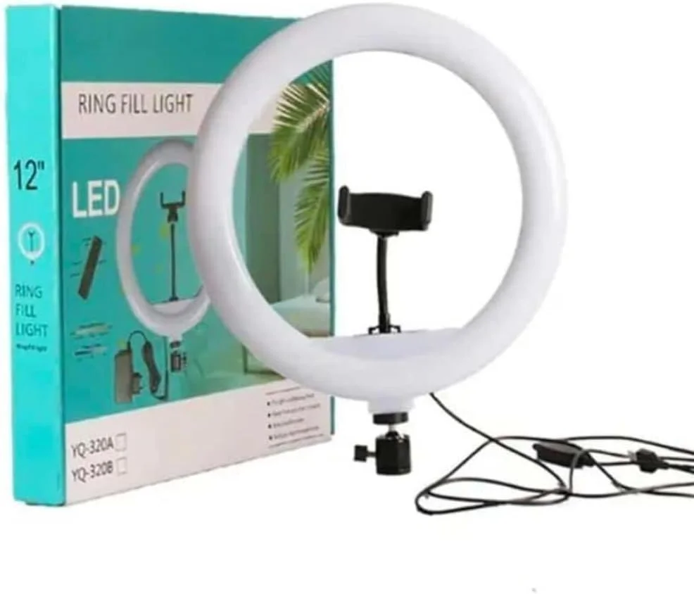 نور حلقه ای ال ای دی 12 اینچی با قابلیت تنظیم نور | برای یوتیوب | عکاسی | فیلمبرداری | پخش زنده | آرایش و ولاگینگ | سازگار با گوشی های آیفون/اندروید و دوربین ها
