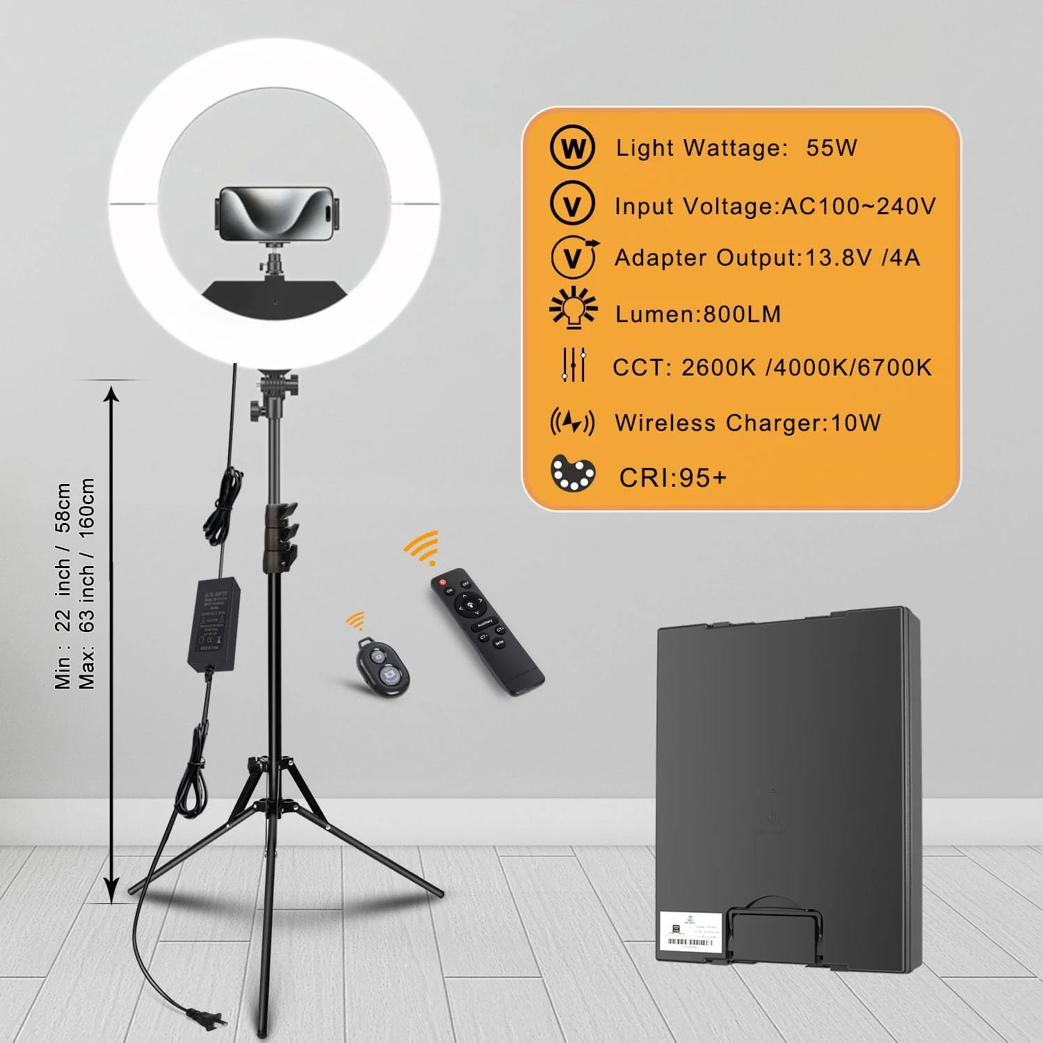 کیت نور حلقه ای JJ JIANJIN: نور LED دایره ای 45 سانتی متری با قطر خارجی 55 وات 6700k با قابلیت تنظیم نور، پایه سه پایه، کنترل از راه دور، جعبه برای دوربین، تلفن هوشمند، یوتیوب، تیک تاک، عکاسی سلفی، CRI90، مشکی