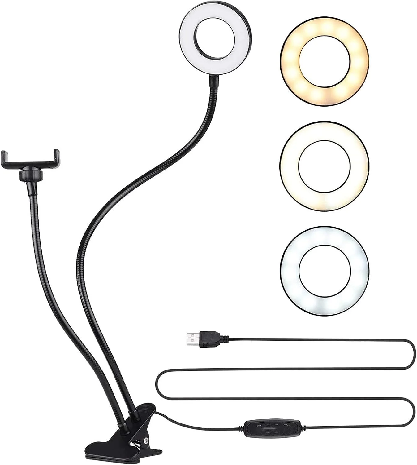 نور سلفی ال ای دی USB با پایه، نور زمینی دیمر دار، 3 حالت و 10 سطح روشنایی برای ولاگ، ویدیو یوتیوب، آرایش تیک تاک، سازگار با تلفن هوشمند