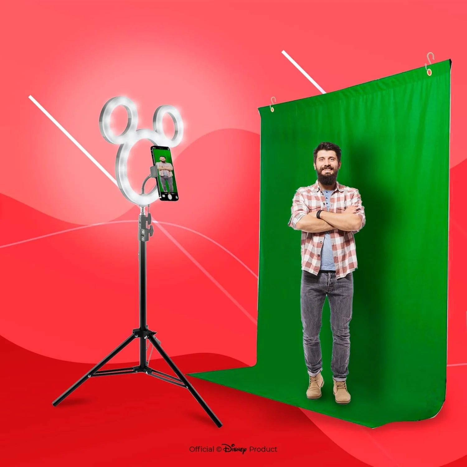 استودیو عکس دیزنی میکی موس - نور حلقه ای سلفی با پایه سه پایه - کیت پرده سبز شامل پس زمینه عکس پرده سبز و شاتر از راه دور بلوتوث - کیت استارتر نهایی تیک تاک/یوتیوب