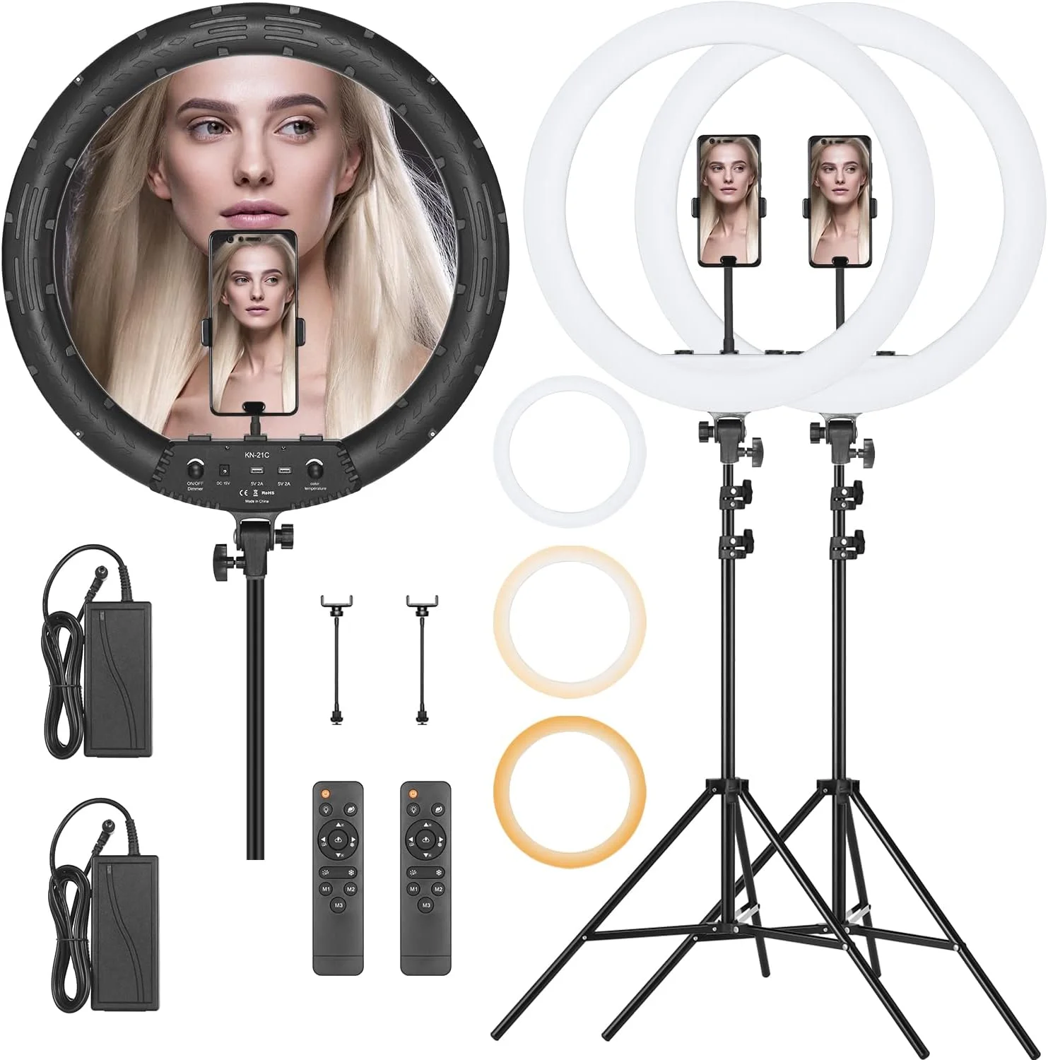 حلقه نور ال ای دی دو رنگ آمبیتفول KN-21C با قطر 53 سانتی متر، قابل تنظیم نور، با پایه و نگهدارنده تلفن همراه، دارای ریموت کنترل، مناسب برای آرایش، سلفی، ولاگ، ویدیوهای یوتیوب و دوربین (2 عدد)