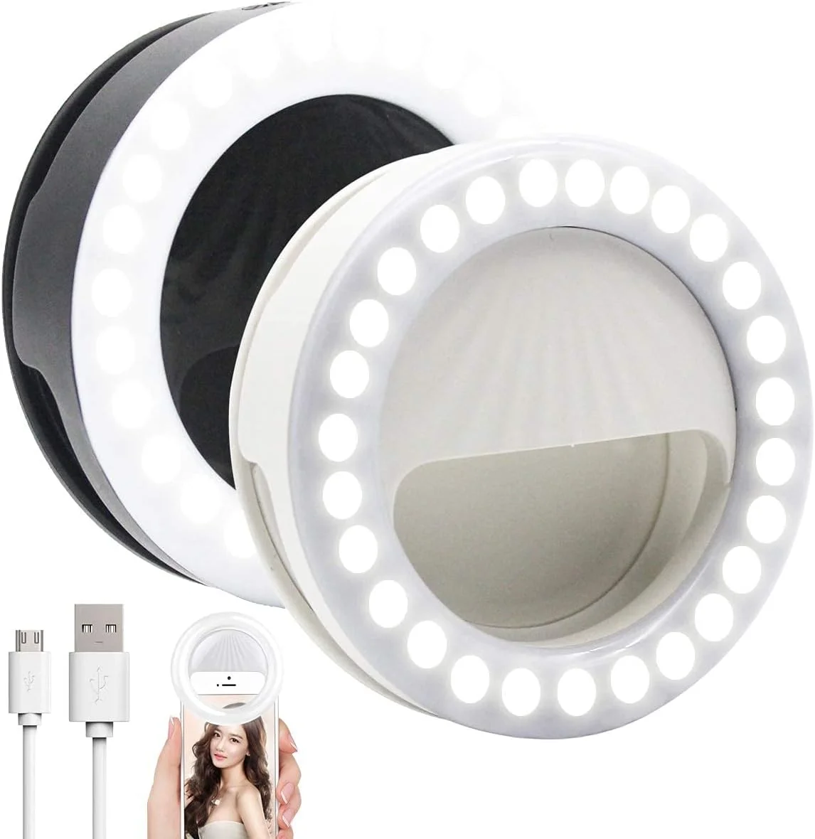 حلقه نور سلفی 2 عددی، 9 سطح روشنایی قابل شارژ 52 LED، نور پرکننده سلفی برای آیفون، تلفن های هوشمند، تبلت ها، آینه های آرایش