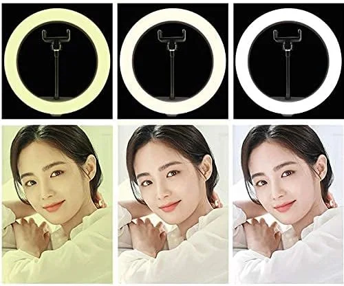 حلقه نور ال ای دی 10 اینچی با پایه سه پایه برای پخش زنده و ویدیوهای یوتیوب، حلقه نور سلفی با 3 حالت رنگی، حلقه نور رومیزی قابل تنظیم برای ویدیوهای یوتیوب و استریمینگ با کنترل از راه دور برای تلفن