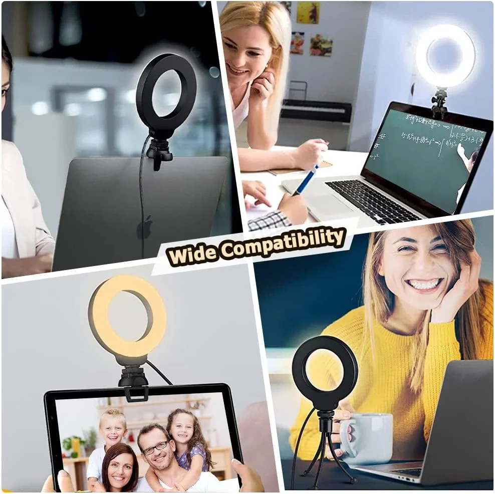 کیت نورپردازی کنفرانس ویدیویی، نور حلقه ای برای لپ تاپ و گوشی با گیره و سه پایه، نور سلفی رومیزی 4 اینچی با قابلیت تنظیم نور و پایه، نور حلقه ای برای پخش زنده، ضبط ویدیو، آرایش