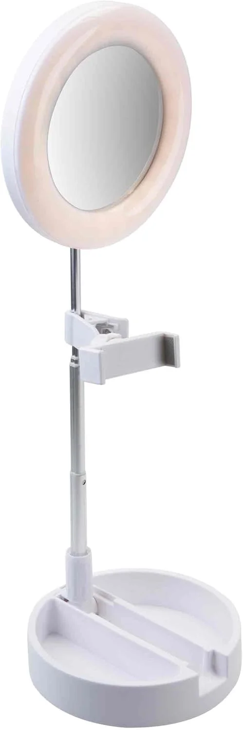 VFM eStore - رینگ لایت گرد سلفی با پایه قابل تنظیم و نگهدارنده تلفن، رینگ لایت تاشو LED دایره ای 7 اینچی با 3 حالت روشنایی، چراغ سلفی USB