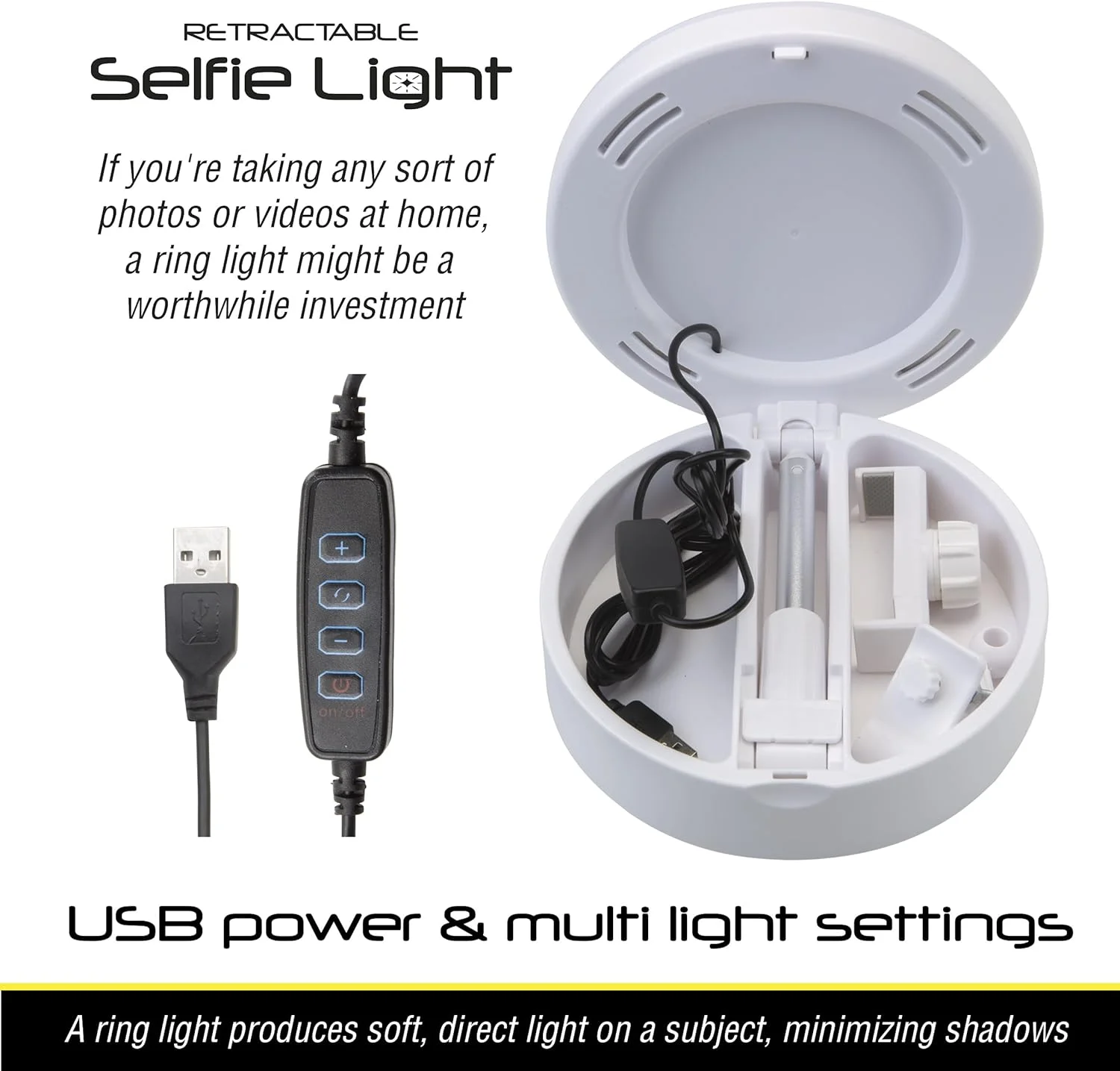 VFM eStore - رینگ لایت گرد سلفی با پایه قابل تنظیم و نگهدارنده تلفن، رینگ لایت تاشو LED دایره ای 7 اینچی با 3 حالت روشنایی، چراغ سلفی USB