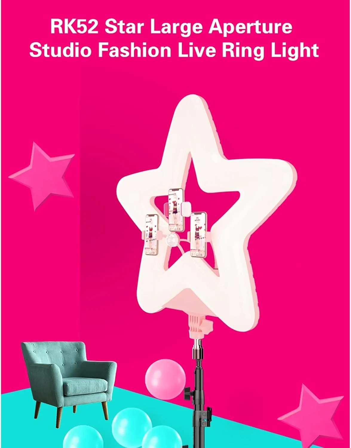 نور سلفی حلقه ای مدل RK52 به شکل ستاره، مناسب برای پخش زنده و آرایش (بدون سه پایه)