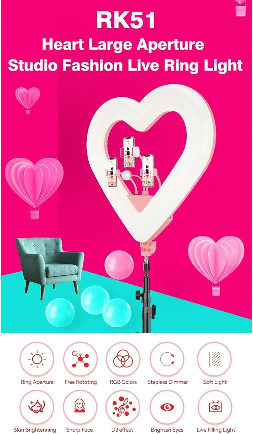 ZZjingli لوازم جانبی دوربین RK51 نور سلفی حلقه ای زیبایی پخش زنده به شکل قلب 51 سانتی متری بدون سه پایه