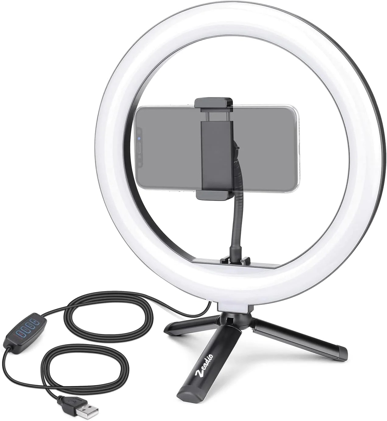 کیت نور حلقه ای Zeadio، نور حلقه ای LED دیمر پذیر 10 اینچ / 26 سانتی متر بیرونی 18 وات 2800-5700K، سه پایه فلزی کوچک، مانت سر توپی برای پخش زنده، یوتیوب، TikTok و غیره