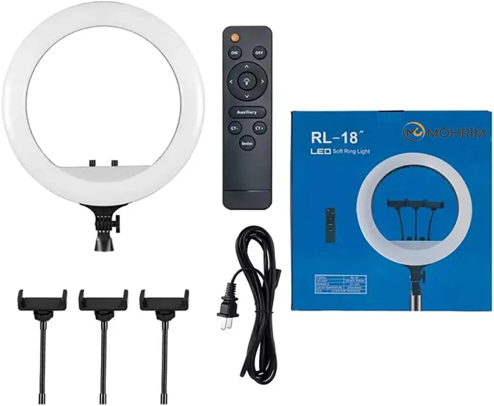 نور حلقه ای ال ای دی 18 اینچی RL-18 با قابلیت تبدیل نور گرم و سرد، مناسب برای آرایش و عکاسی زنده همراه با کنترل از راه دور
