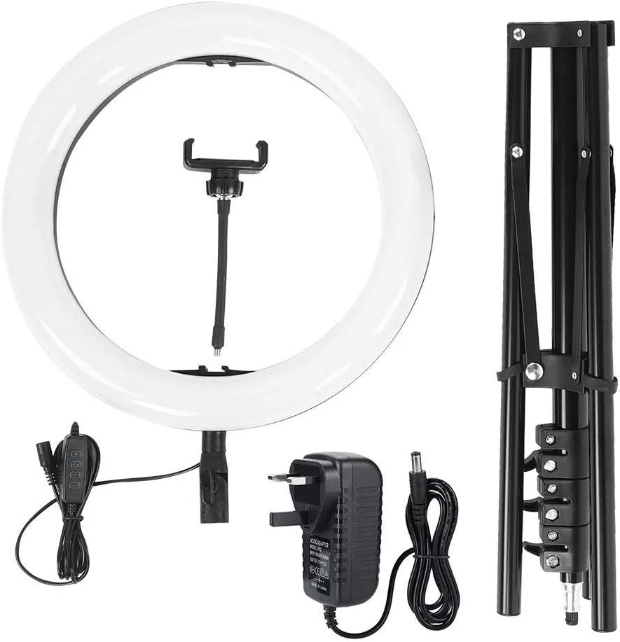 حلقه نور 14 اینچی با قابلیت تنظیم نور و 3 حالت نورپردازی مختلف، به همراه پایه نگهدارنده قابل تنظیم برای سلفی، آرایش، عکاسی زنده، با پایه سه پایه و نگهدارنده تلفن همراه (متوسط) - دوشاخه UK