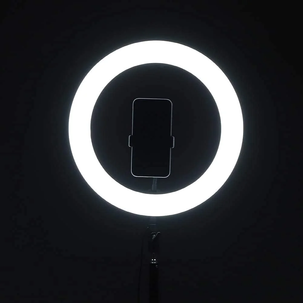 حلقه نور 14 اینچی با قابلیت تنظیم نور و 3 حالت نورپردازی مختلف، به همراه پایه نگهدارنده قابل تنظیم برای سلفی، آرایش، عکاسی زنده، با پایه سه پایه و نگهدارنده تلفن همراه (متوسط) - دوشاخه UK