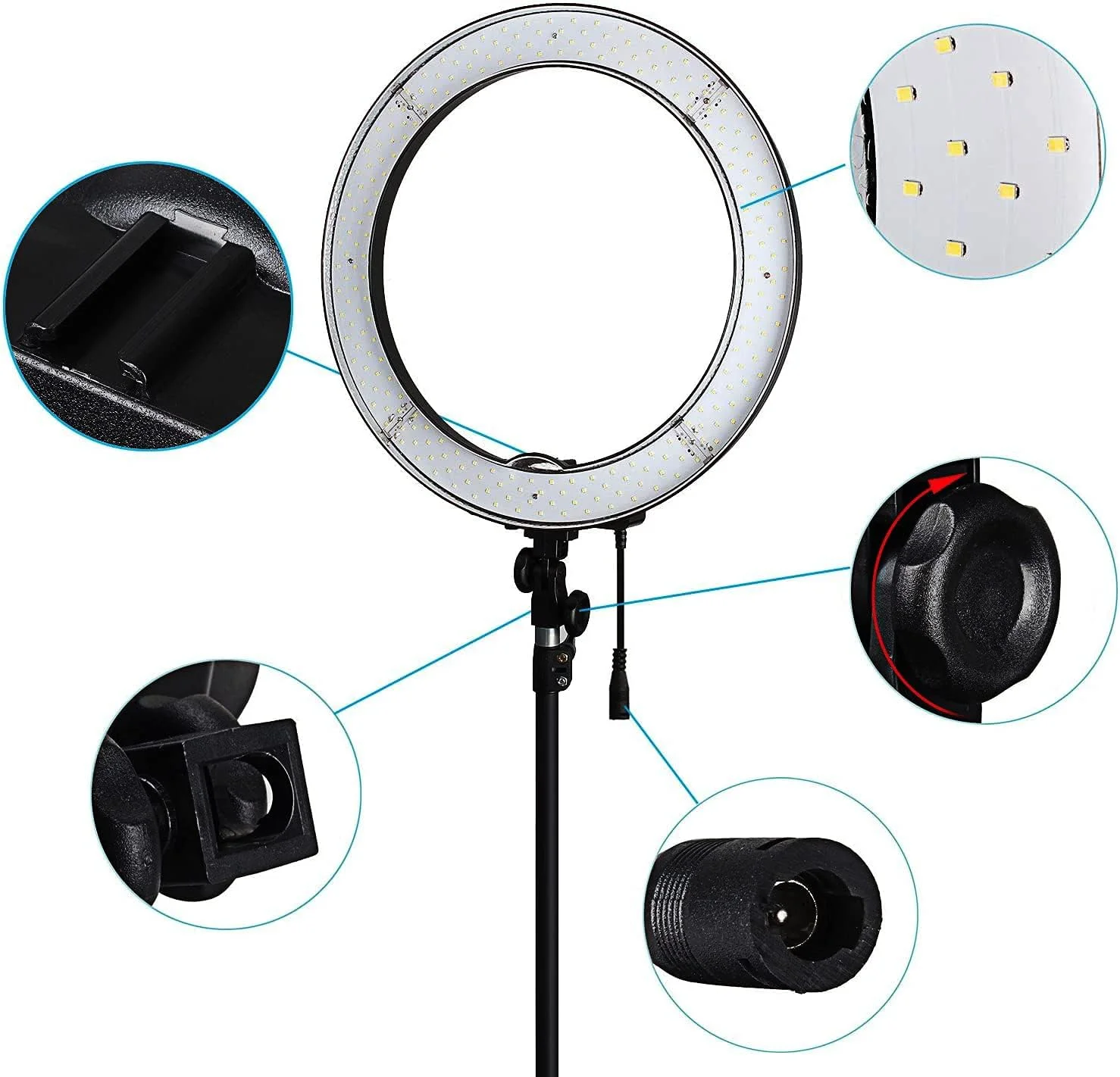 حلقه نور 18 اینچی Quboo Mulugeta (شامل نور، پایه، گیره تلفن، سر سه پایه) 240 LED 18 اینچی با قابلیت تنظیم