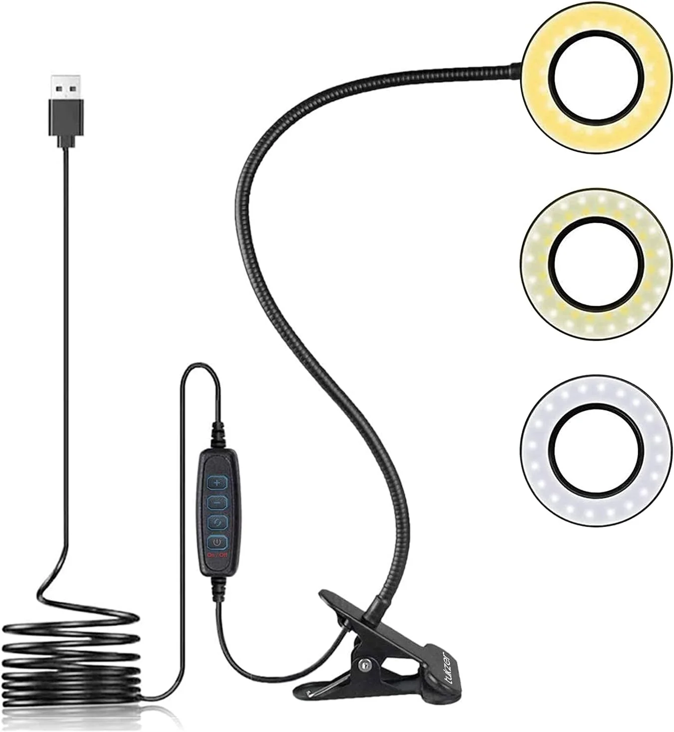 نور حلقه ای سلفی LED توکزر 3.5 اینچی | گیره بازویی انعطاف پذیر برای استریم زنده، آرایش، جلسات آنلاین، ضبط، عکاسی، چراغ مطالعه USB | 3 رنگ 10 سطح روشنایی نور حلقه ای سلفی LED توکزر 3.5 اینچی | گیره بازویی انعطاف پذیر برای استریم زنده، آرایش، جلسات آنلاین، ضبط، عکاسی، چراغ مطالعه USB | 3 رنگ 10 سطح روشنایی