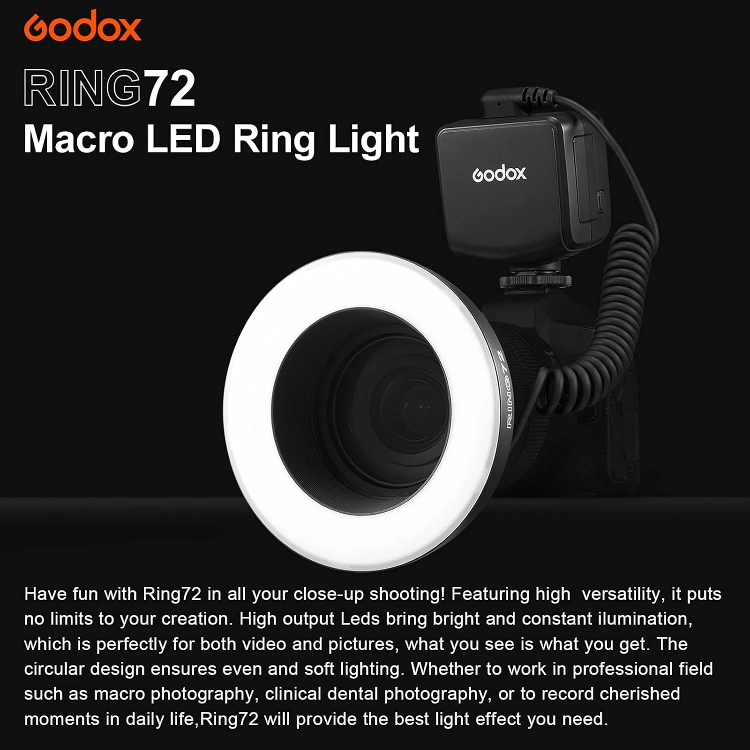 فلاش حلقه ای LED ماکرو Godox RING72 با نور TLCI 97+ CRI 96+، دمای رنگ 5600K و روشنایی 8W، به همراه 8 حلقه آداپتور لنز سازگار با دوربین های DSLR کانن، نیکون و سایر دوربین ها، به همراه دستمال Pergear فلاش حلقه ای LED ماکرو Godox RING72 با نور TLCI 97+ CRI 96+، دمای رنگ 5600K و روشنایی 8W، به همراه 8 حلقه آداپتور لنز سازگار با دوربین های DSLR کانن، نیکون و سایر دوربین ها، به همراه دستمال Pergear