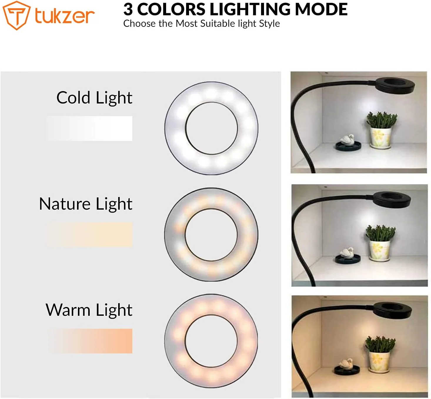 نور حلقه ای سلفی LED توکزر 3.5 اینچی | گیره بازویی انعطاف پذیر برای استریم زنده، آرایش، جلسات آنلاین، ضبط، عکاسی، چراغ مطالعه USB | 3 رنگ 10 سطح روشنایی