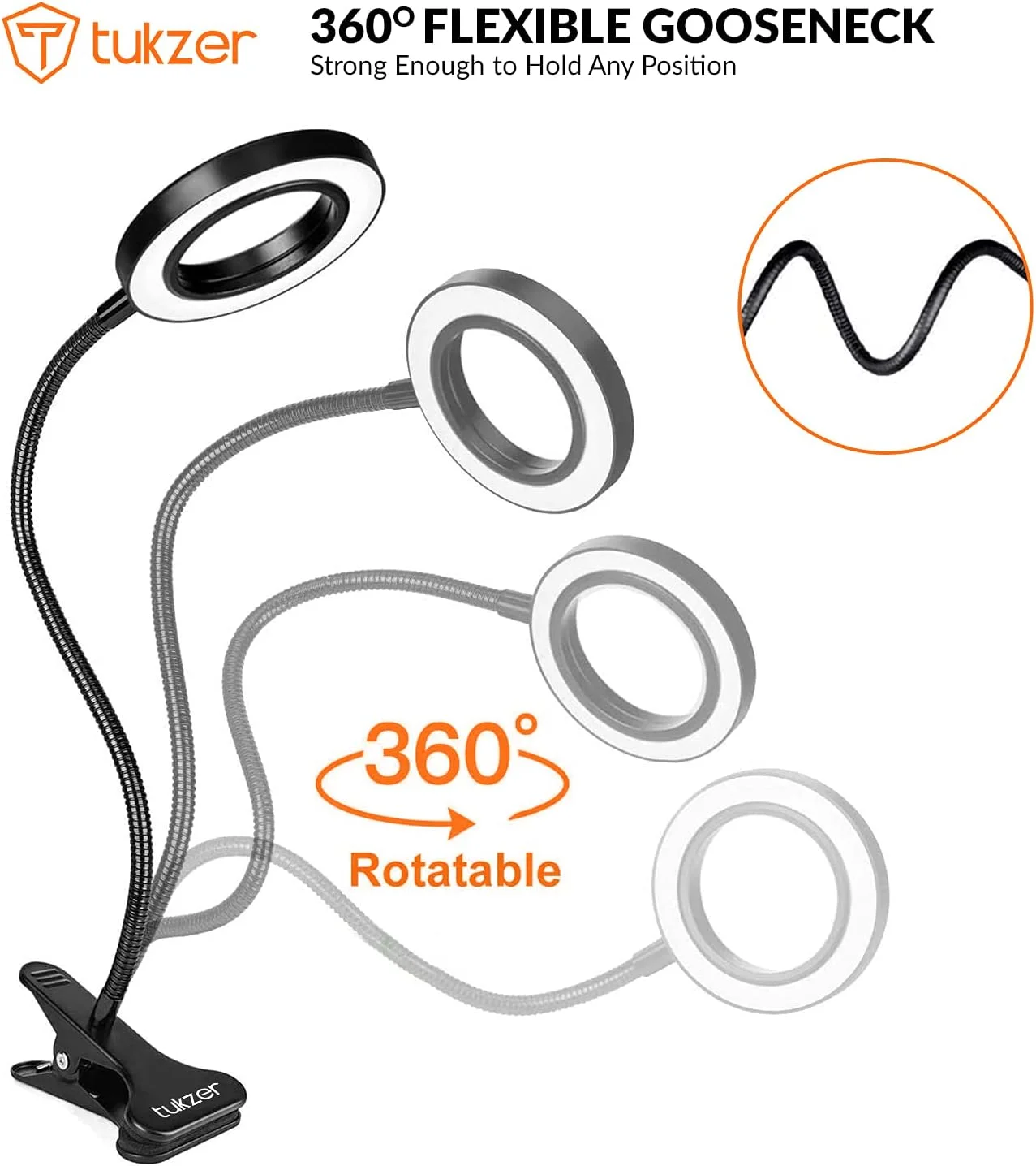 نور حلقه ای سلفی LED توکزر 3.5 اینچی | گیره بازویی انعطاف پذیر برای استریم زنده، آرایش، جلسات آنلاین، ضبط، عکاسی، چراغ مطالعه USB | 3 رنگ 10 سطح روشنایی