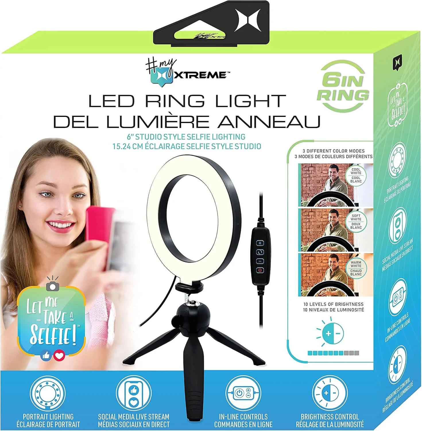 حلقه نور ال ای دی 6 اینچی Xtreme برای عکس و فیلم، دارای گردن غازی توپی و سه پایه، 10 سطح روشنایی، حالت های چندگانه رنگ سفید، سرد، ملایم، گرم، کابل USB 6 فوتی و آداپتور برق