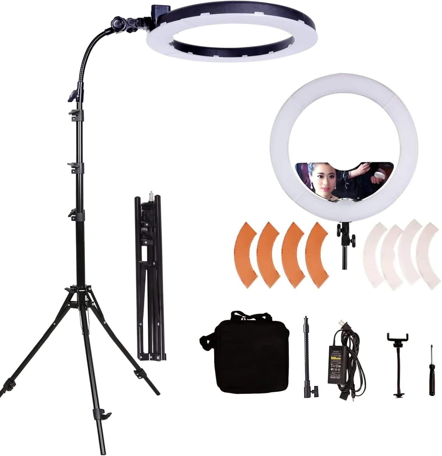 حلقه نور ال ای دی 18 اینچی GSKAIWEN با توان 65 وات به همراه آینه، مناسب برای نور مژه، نور زیبایی، تاتو ابرو، اکستنشن مژه، نورپردازی استودیویی، عکاسی و فیلمبرداری به همراه پایه، نگهدارنده تلفن و آینه