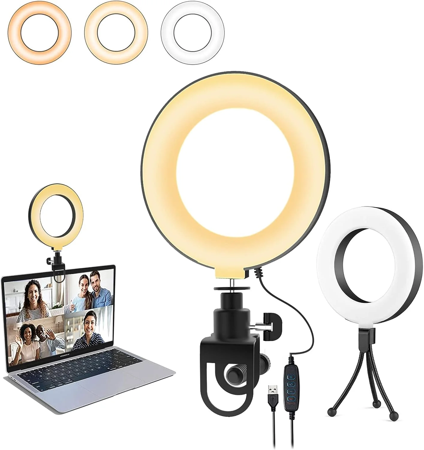 نور حلقه ای AMENKER با پایه، کیت نورپردازی کنفرانس ویدیویی 6.3 اینچی، 3 حالت نور و 10 روشنایی
