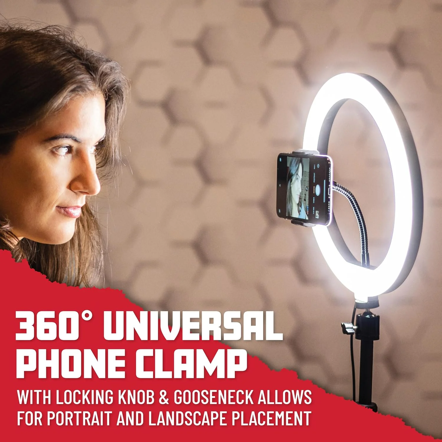 پایه رومیزی چراغ حلقه ای ال ای دی 10 اینچی Gator Frameworks با نگهدارنده تلفن و پایه وزنی فشرده (GFW-RINGLIGHTDSKTP)، مشکی