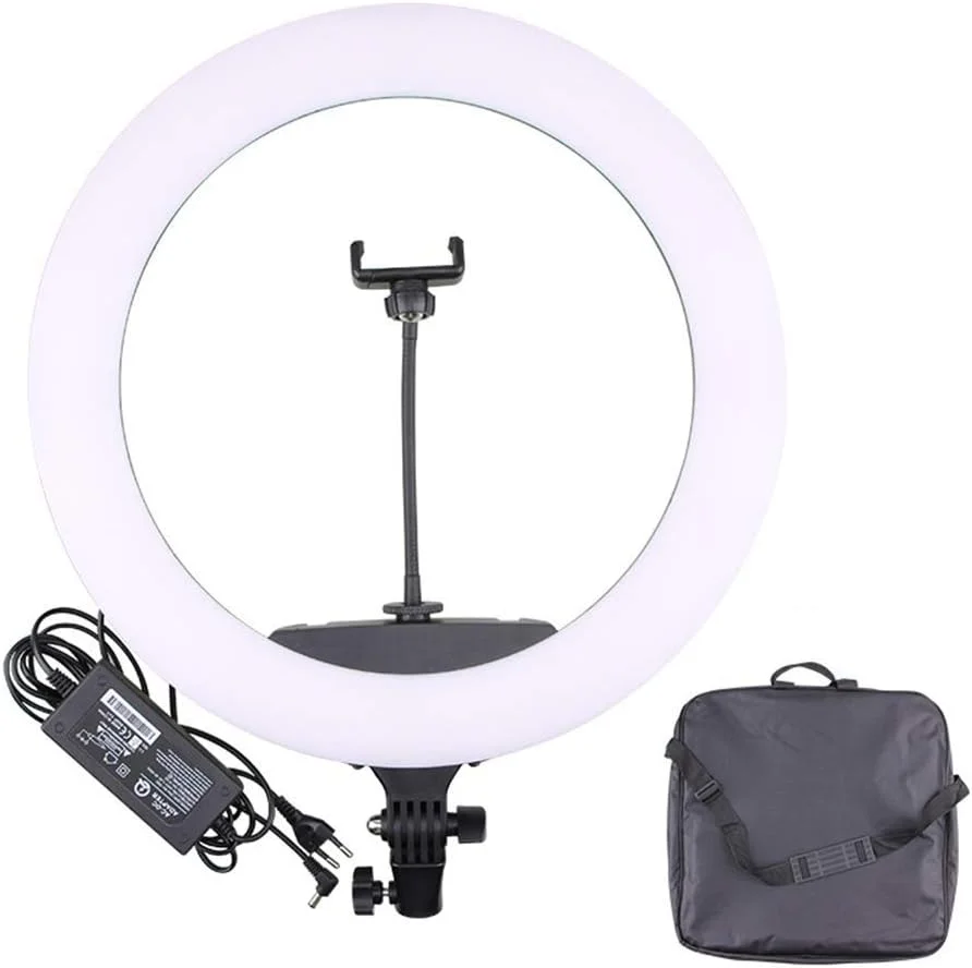حلقه نور LED 18 اینچی برای پخش زنده/آرایش/ویدیو یوتیوب، حلقه نور زیبایی قابل تنظیم با نگهدارنده تلفن همراه برای تلفن های آیفون و اندروید، دمای رنگ 3200K-5600K، 416 لامپ