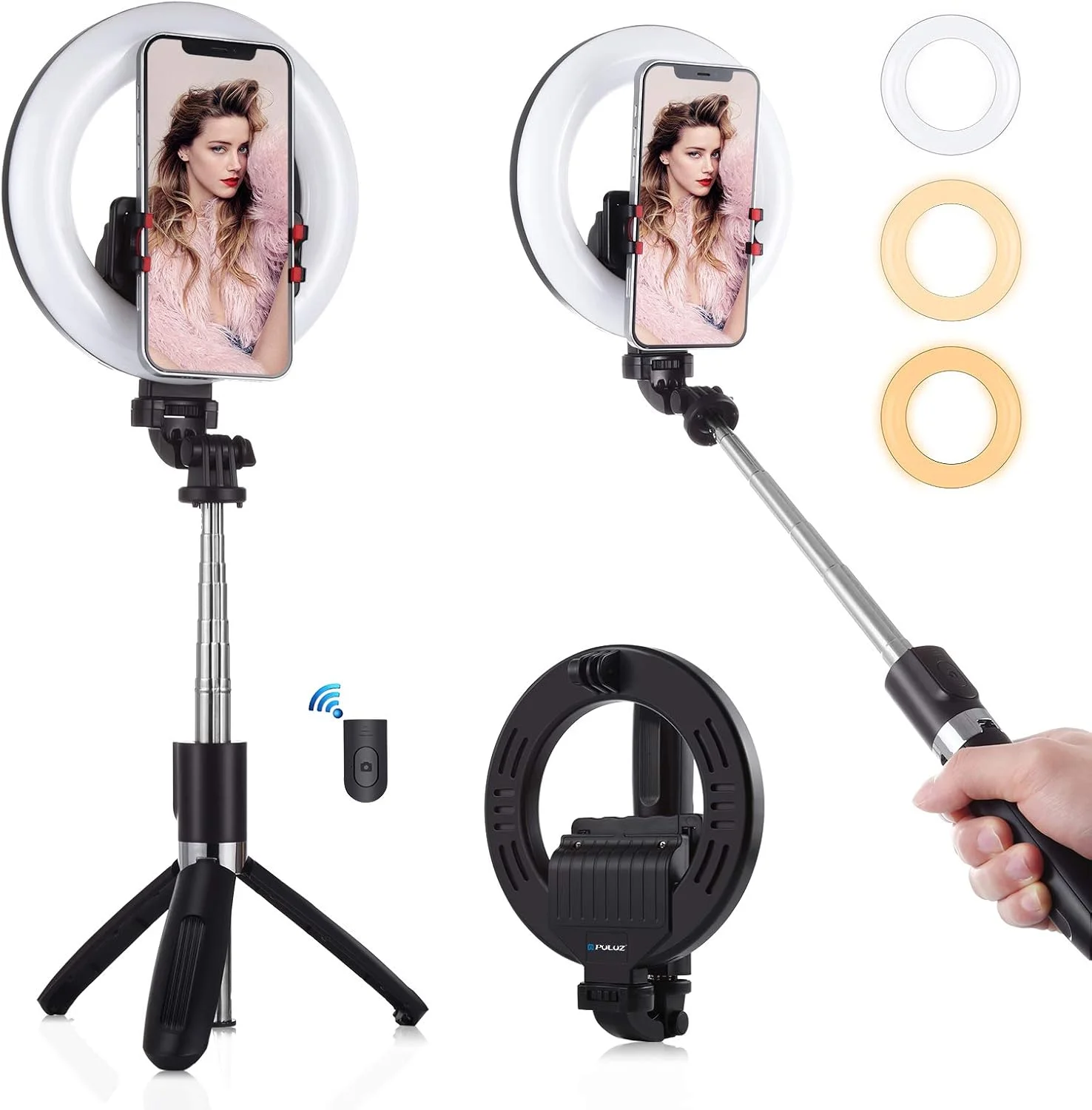 نور حلقه ای سلفی 5.0 اینچی PULUZ با پایه سه پایه، نگهدارنده تلفن و ریموت بلوتوث، نور حلقه ای دوربین زیبایی قابل شارژ و کم نور برای ویدیوهای یوتیوب، عکاسی، سازگار با iOS/Android